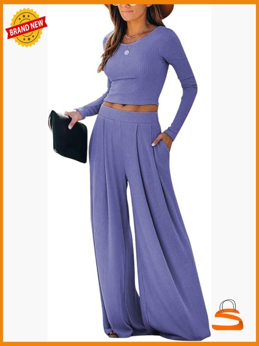 Elegant 2 Piece Wide Leg Pant Suit with Crop Top Long Pants with Pockets